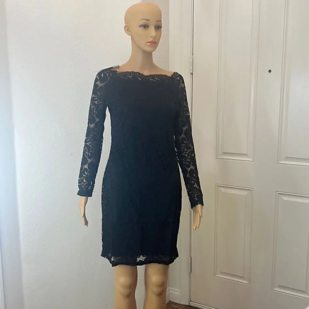 Verlina Black Dress Size Medium Floral Lace Unfinished Boatneck Lined India